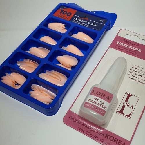 مجموعة اظافر اصطناعية 100 حبه , الوردي غراء اظافر هديه