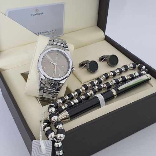 طقم رجالي اصلي ضمان سنه 1-ساعه اصليه ماركه2-سبحه 3-قلم4-كبك5-محفظه6-علبه فخمه مع كيس