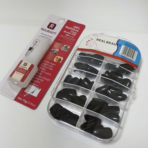 مجموعة اظافر اصطناعية 100 حبه , اسود غراء اظافر هديه
