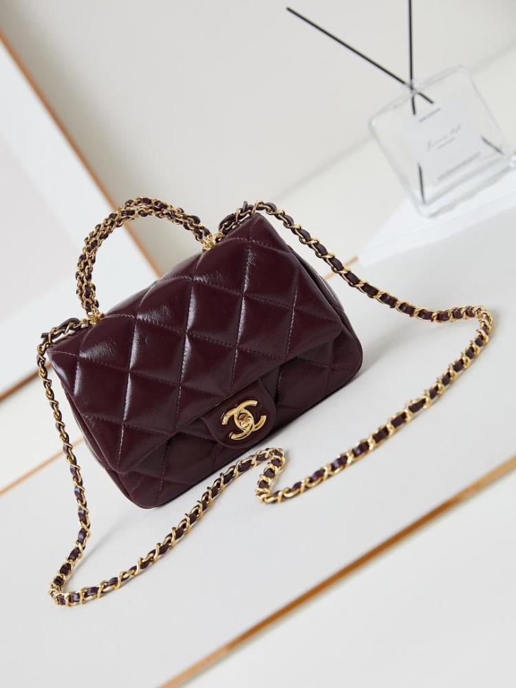 Chanel mini flap bag in burgundy with handle and chain - متجر