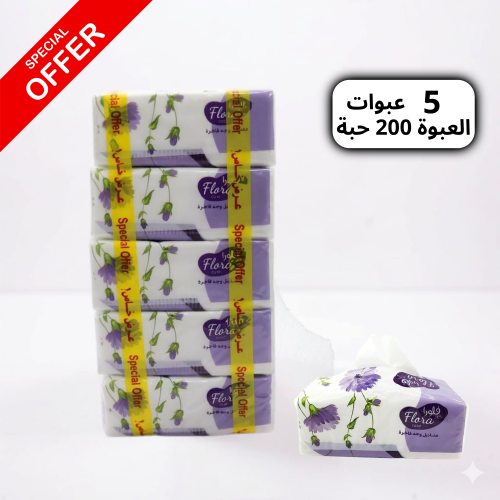 مناديل فلورا الناعمة 200 حبة مفرد - ( 5 عبوات )