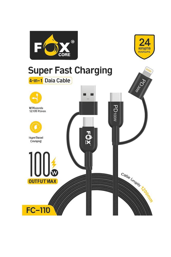 كابل شحن 4 في 1 من FOX CORE يدعم جميع موديلات الأيفون والأندرويود متعدد الإستخدام 100W مع طول 120 سنتيمتر