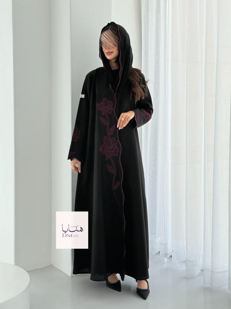 عباية الفارقه بقماش كريب كتان تطريز عنابي