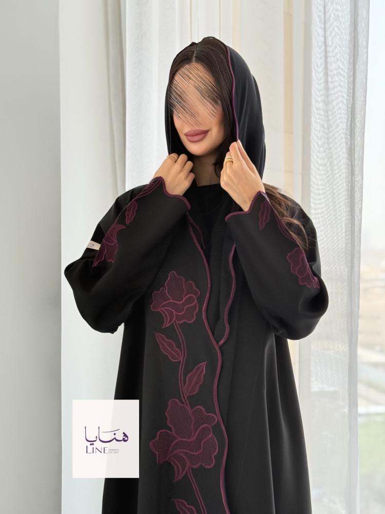 عباية الفارقه بقماش كريب كتان تطريز عنابي