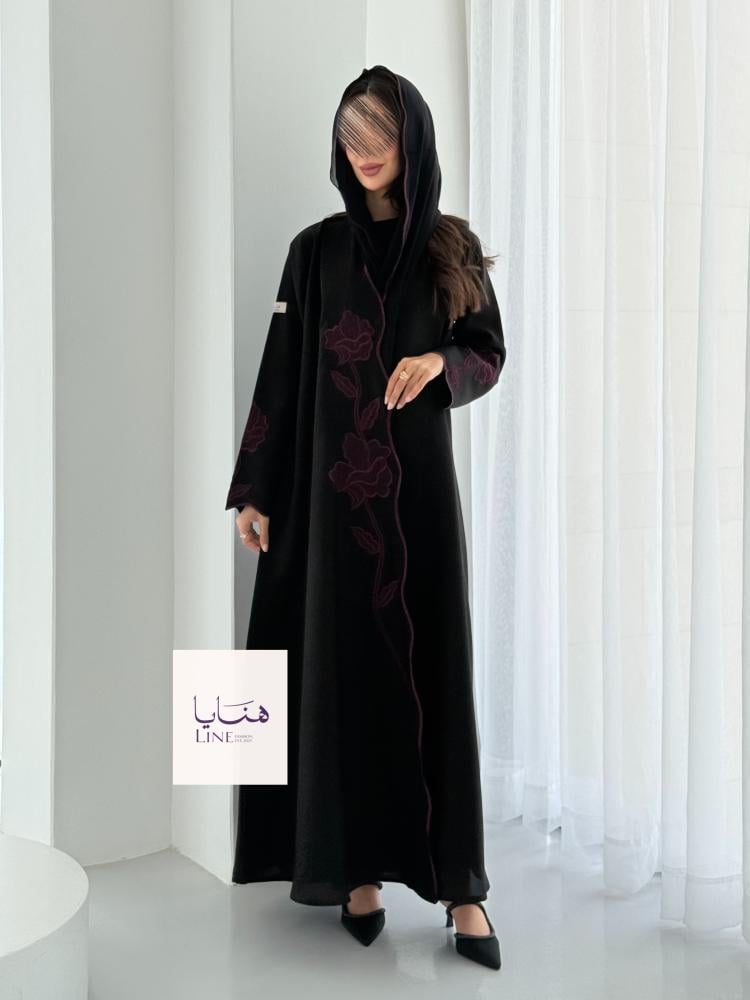 عباية الفارقه بقماش كريب كتان تطريز عنابي