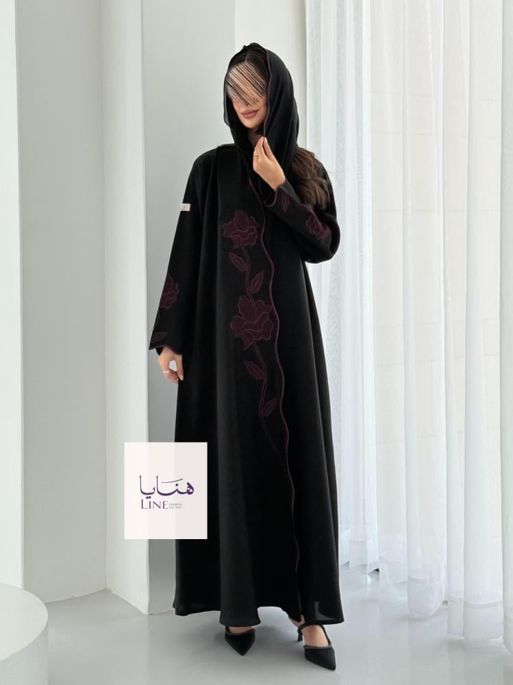 عباية الفارقه بقماش كريب كتان تطريز عنابي