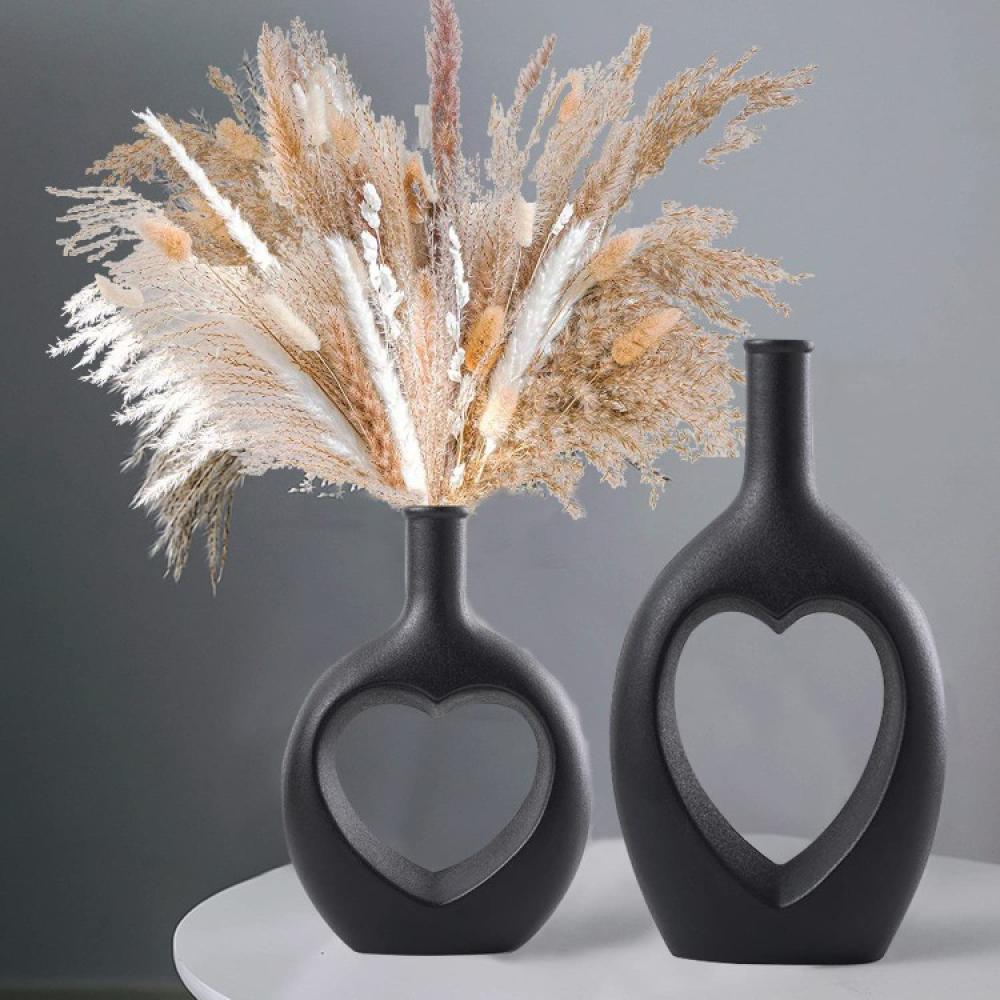طقم فازات سيراميك  2 قطعة قلب ، لون أسود ، 28 سم و22 سم
