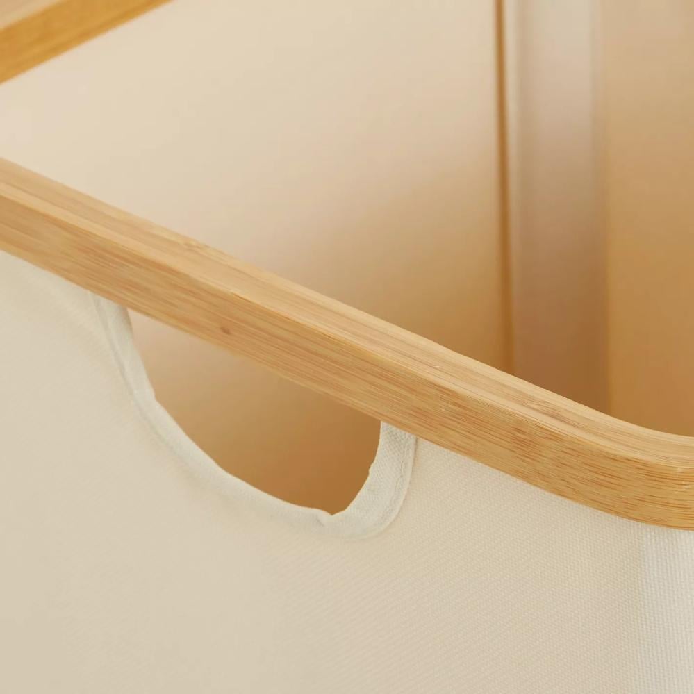 سلة غسيل قماش بمقابض سهلة الحمل و إطار خشبي  ، لون بيج .