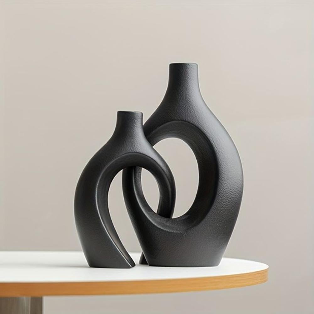 طقم فازات سيراميك عصرية 2 قطعة مفرغ متداخل  ، لون أسود