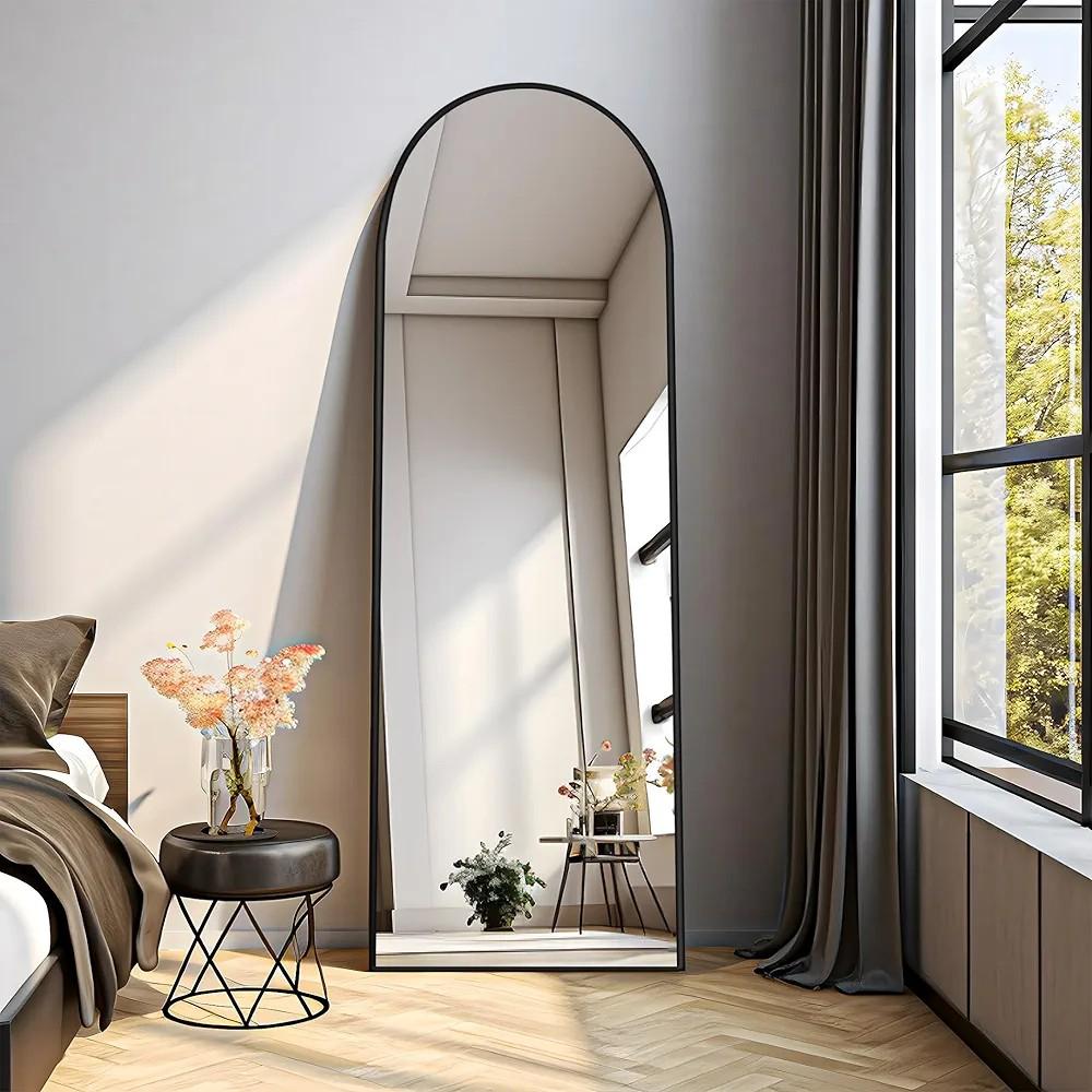 مرايا ديكور مستطيلة بإنحناء علوي ناعم مع إطار أسود ، 3 قياسات