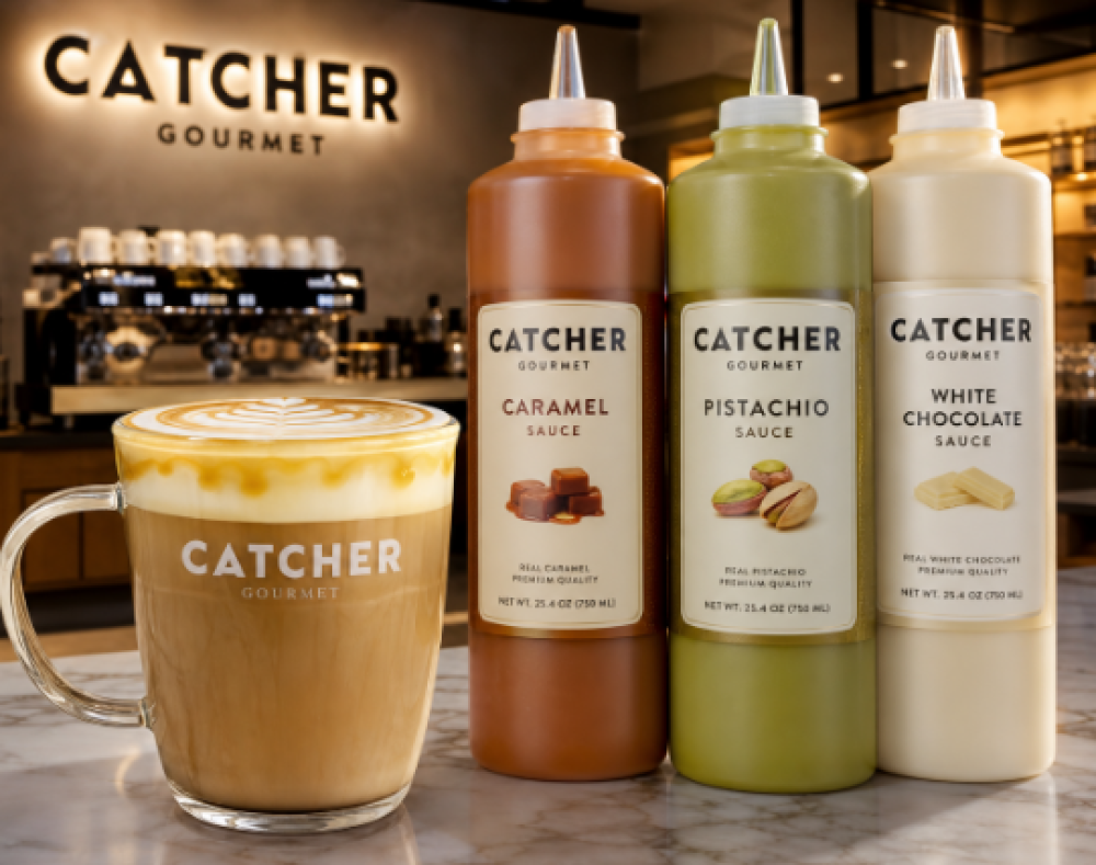 صوصات Catcher كاتشر الفاخرة (كراميل، فستق، شوكولاتة بيضاء) ومشروب سبان