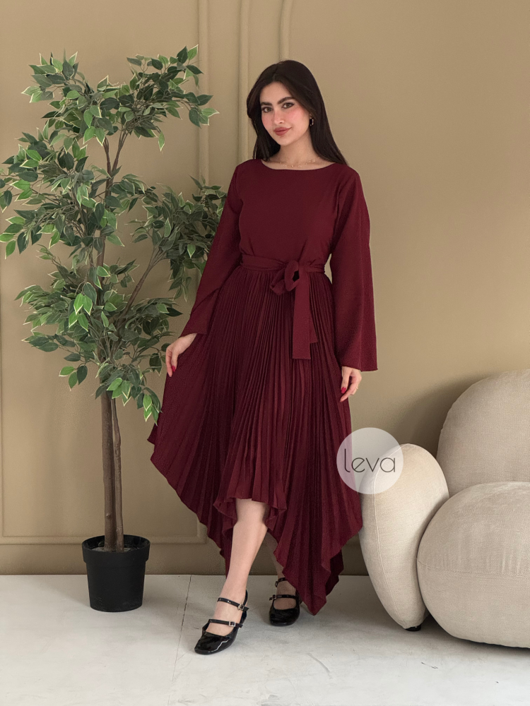 asymmetrical burgundy dress Burgundy Asymmetric Ruched Midi Dress