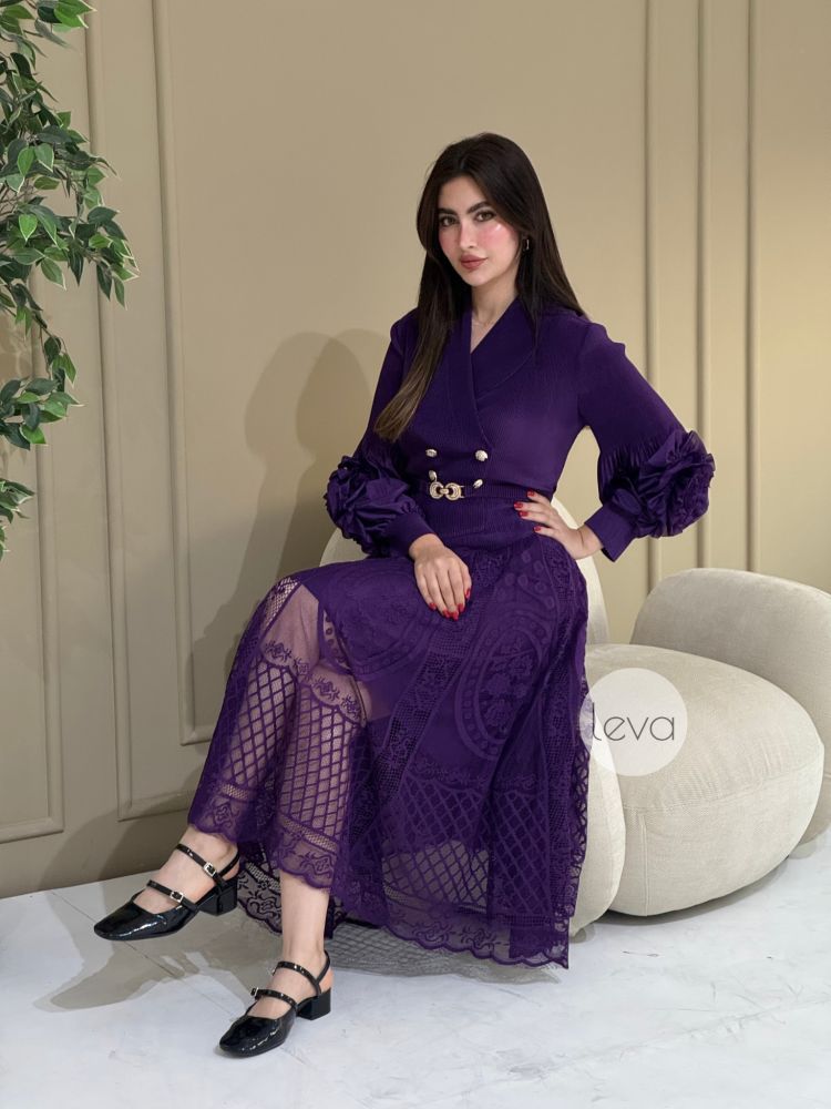 Luxury Purple Dress with Puff Sleeves - Leva