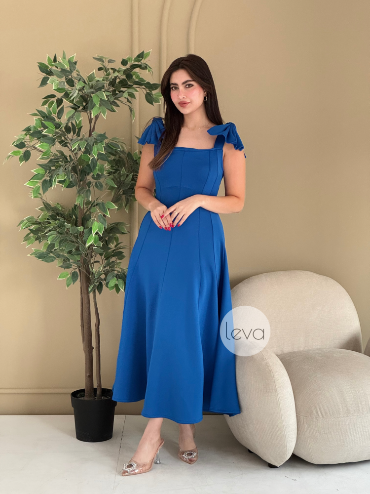 Royal Blue Midi Dress with Square Neckline and Shoulder Ties - Leva