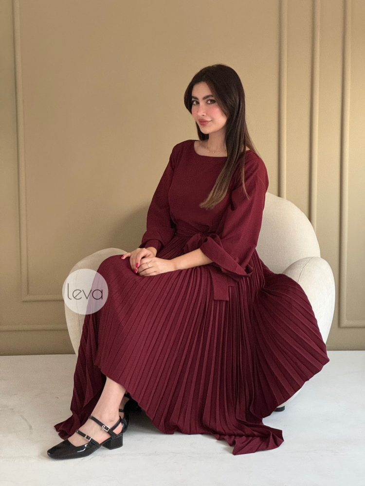 burgundy tie waist dress Burgundy Linen-Cotton A-Line Tie-Waist Dress