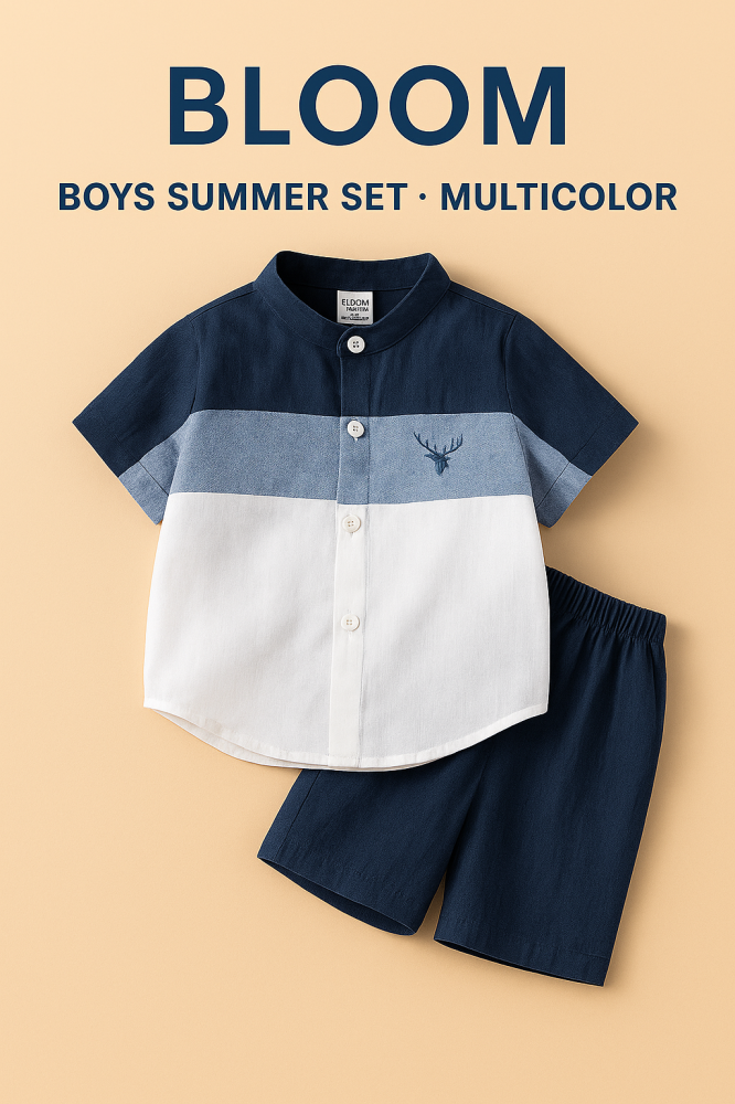 طقم بلوم الصيفي الكلاسيكي للأولاد – أزرق وأبيض