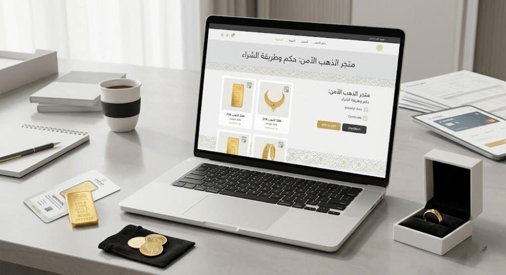 لقطة احترافية من منظور علوي تُظهر هاتفاً ذكياً يعرض واجهة متجر ذهب إلك