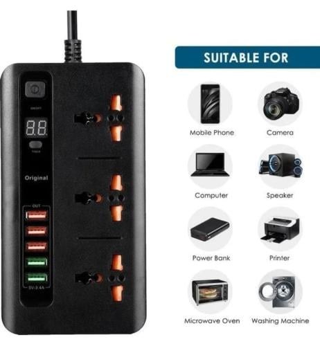توصيلة كهرباء مع 3 منافذ تيار متردد و5 منافذ USB ب...