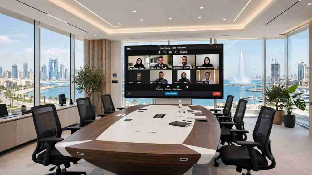 هندسة الاجتماعات الهجينة بجدة: كيف تختار أبعاد طاولة الاجتماعات المناسبة للاتصال المرئي والشاشات الذكية؟