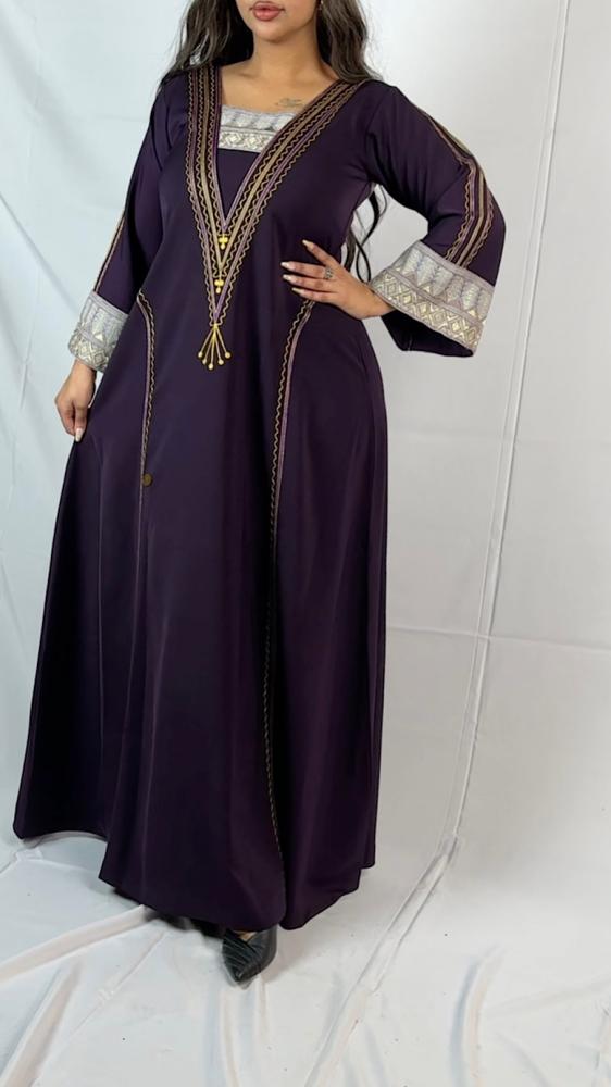 جلابية قماش ليكرى بنفسجي اليدين قط عسيري باللون الرمادي B121