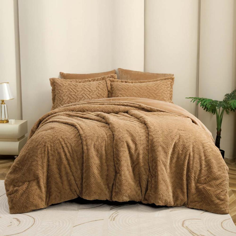 مفرش ستارز شتوي فاخر  كوين مقاس 200X150 سم مخمل و فرو  بني  عدد القطع 4