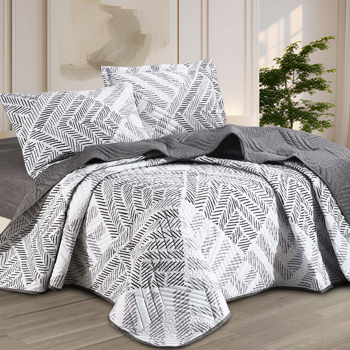 مفرش ديانا صيفي خفيف مضغوط مزدوج أبيض و رصاصي عدد القطع 4