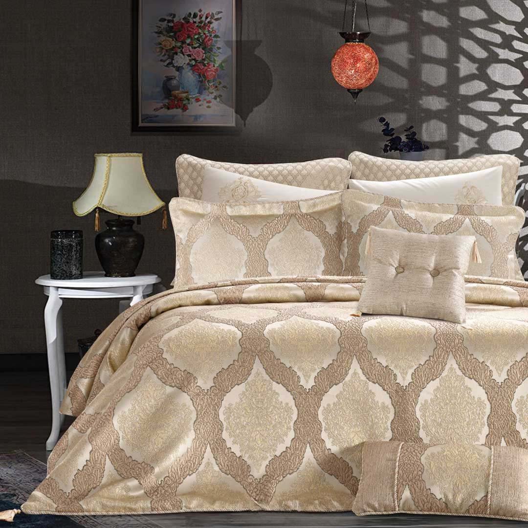 Lamis Luxury Summer Double Cotton Jacquard Embroidered Golden Beige Bedspread 10 Pieces