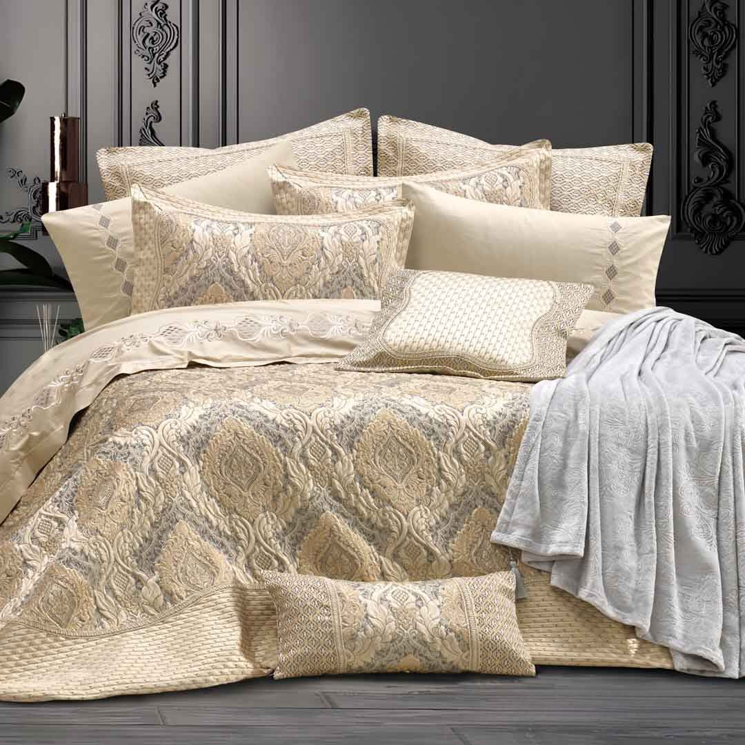 Summer Roshan Embroidered Cotton comforter Set – Double, Gold & Gray, 12 Pieces
