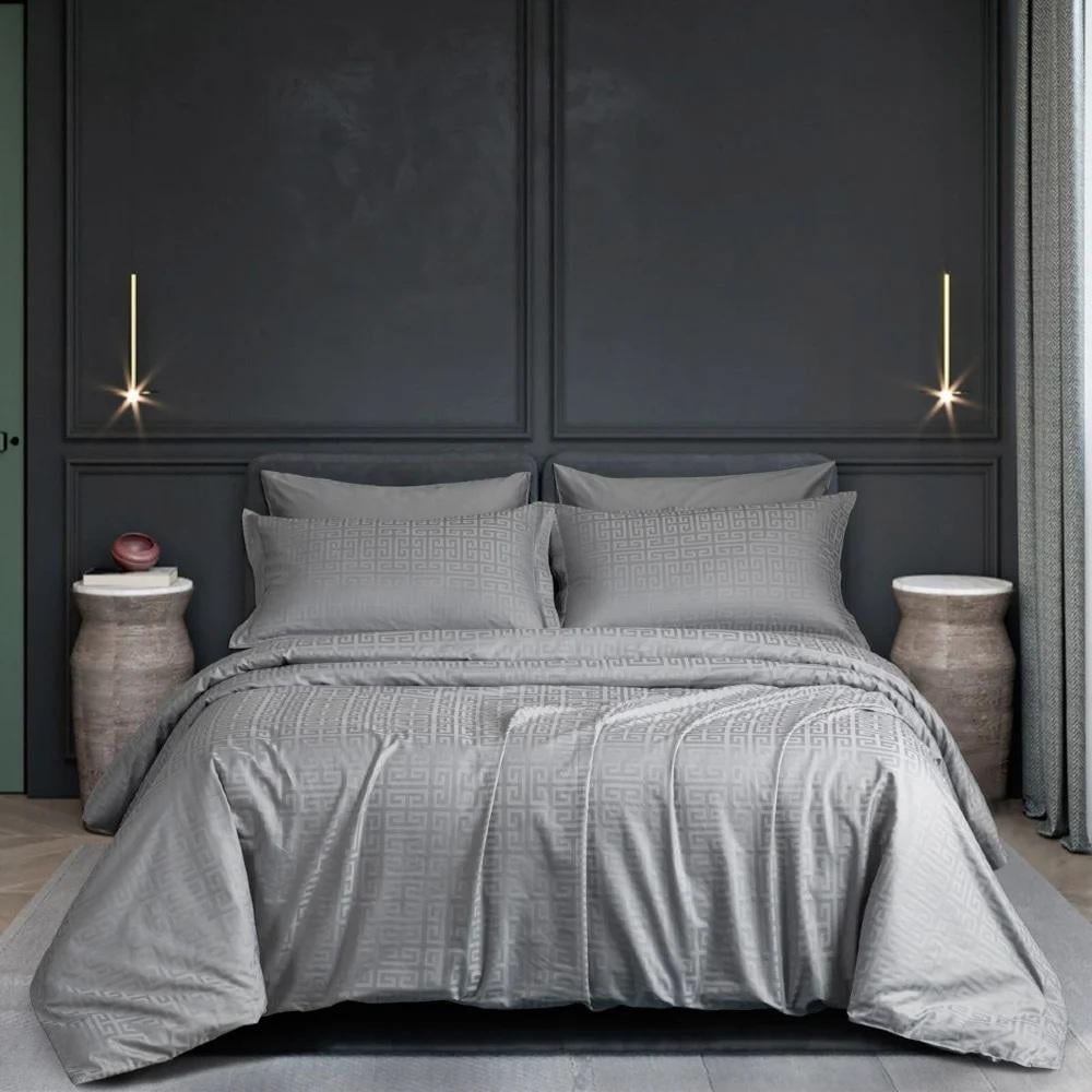 Hotel-style Greek geometric pattern double bedsheet, gray cotton, 500 stitches, 7 pieces