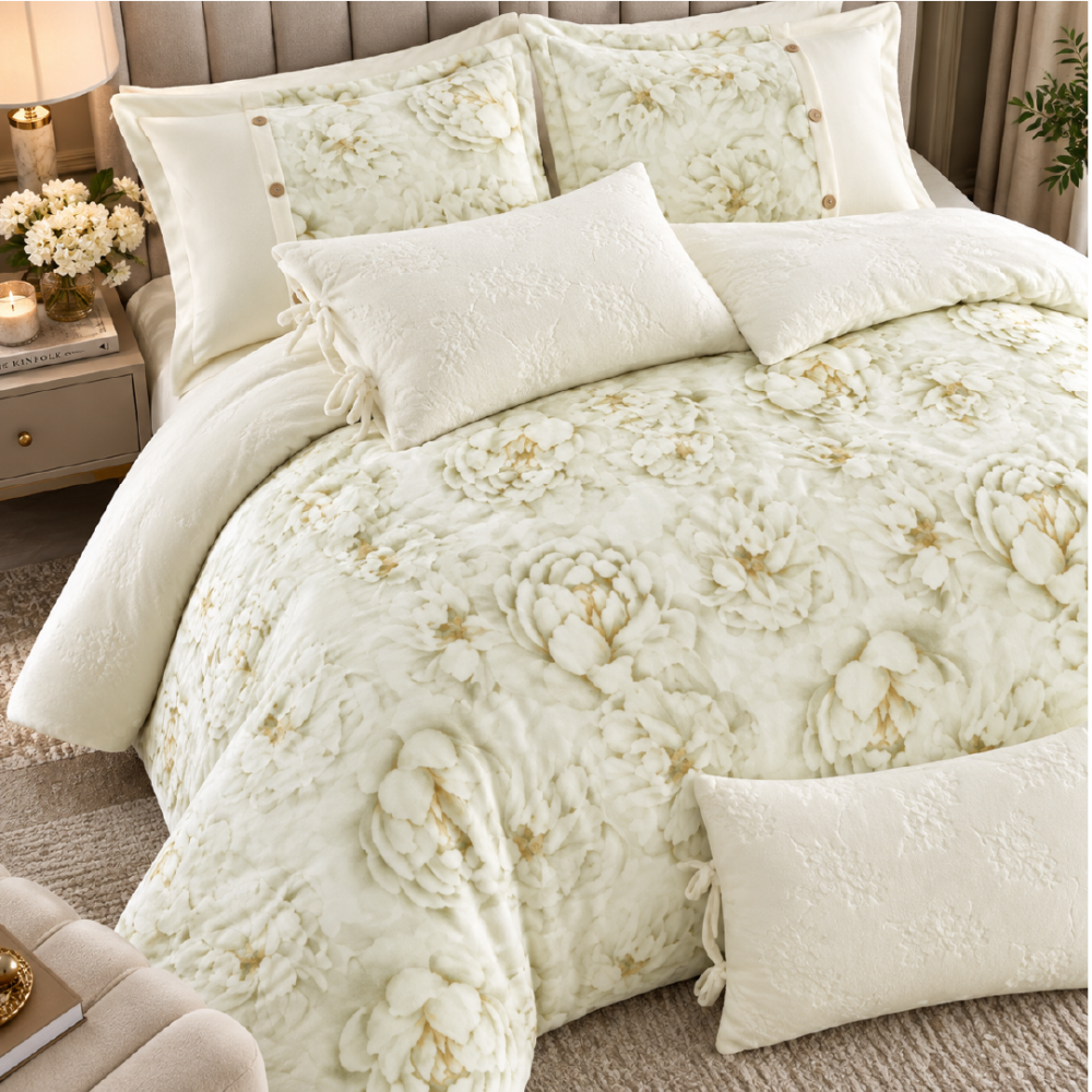 Athena winter beige and olive comforter with floral patterns