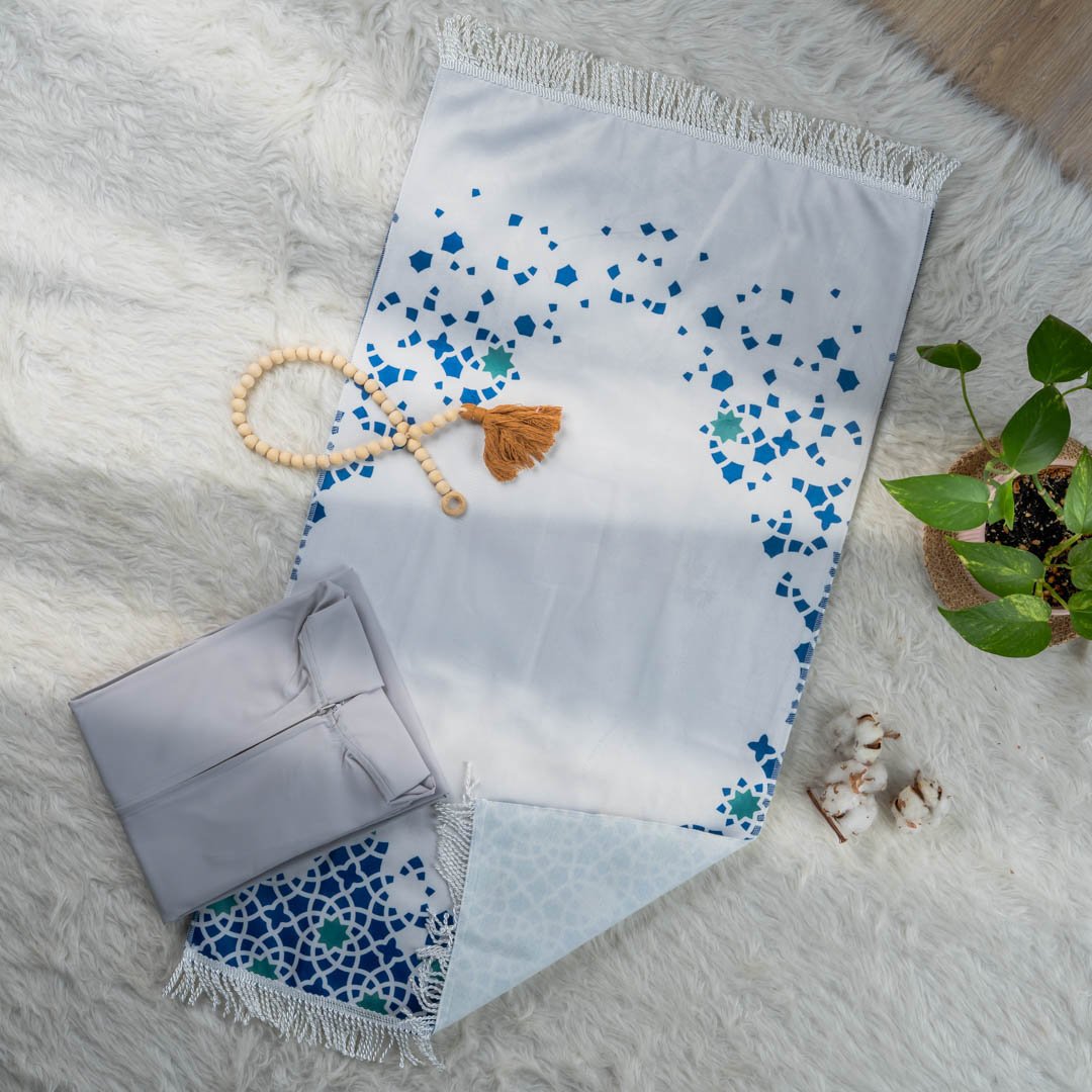 Children's prayer rug set, gray, with star designs, 2 pieces