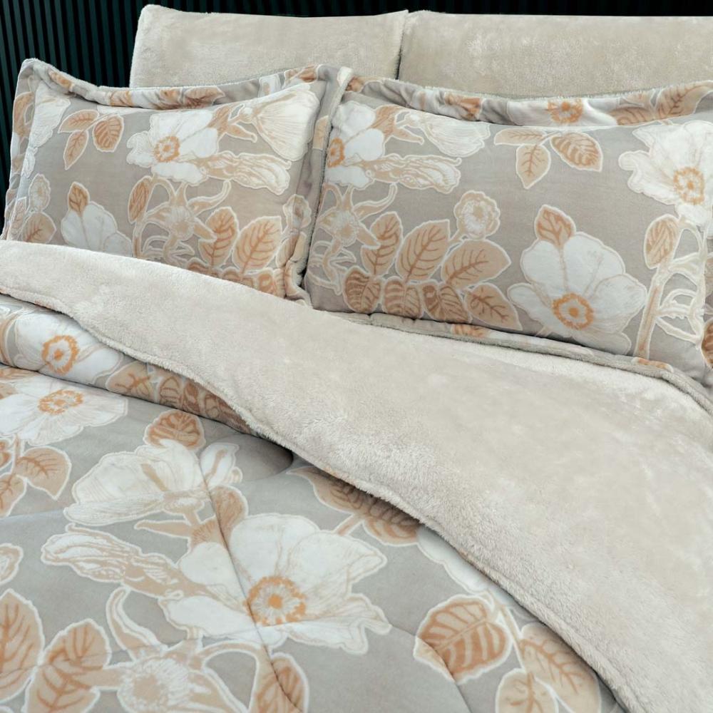 مفرش منال شتوي كوين فرو بيج ورصاصي برسومات الزهور عدد القطع 4