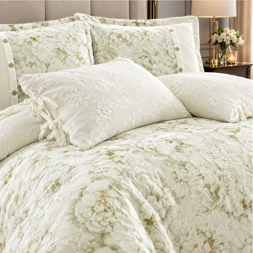 Athena winter beige and olive comforter with floral patterns