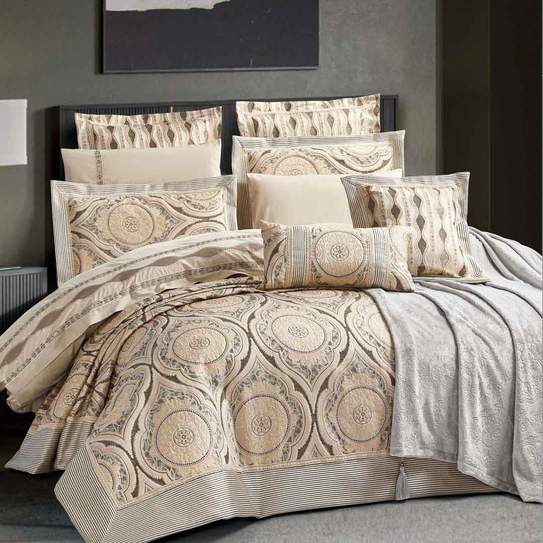 Honeymoon Summer Embroidered Jacquard Cotton Comforter Cover Set – Double, Gold & Gray, 12 Pieces