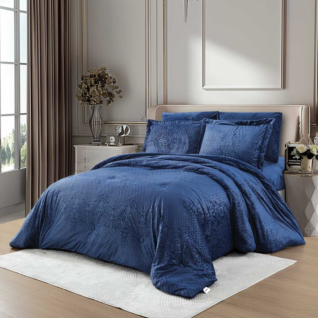 مفرش نارنج شتوي فاخر كوين مقاس 200X150 سم مخمل محفور أزرق - 4 قطع