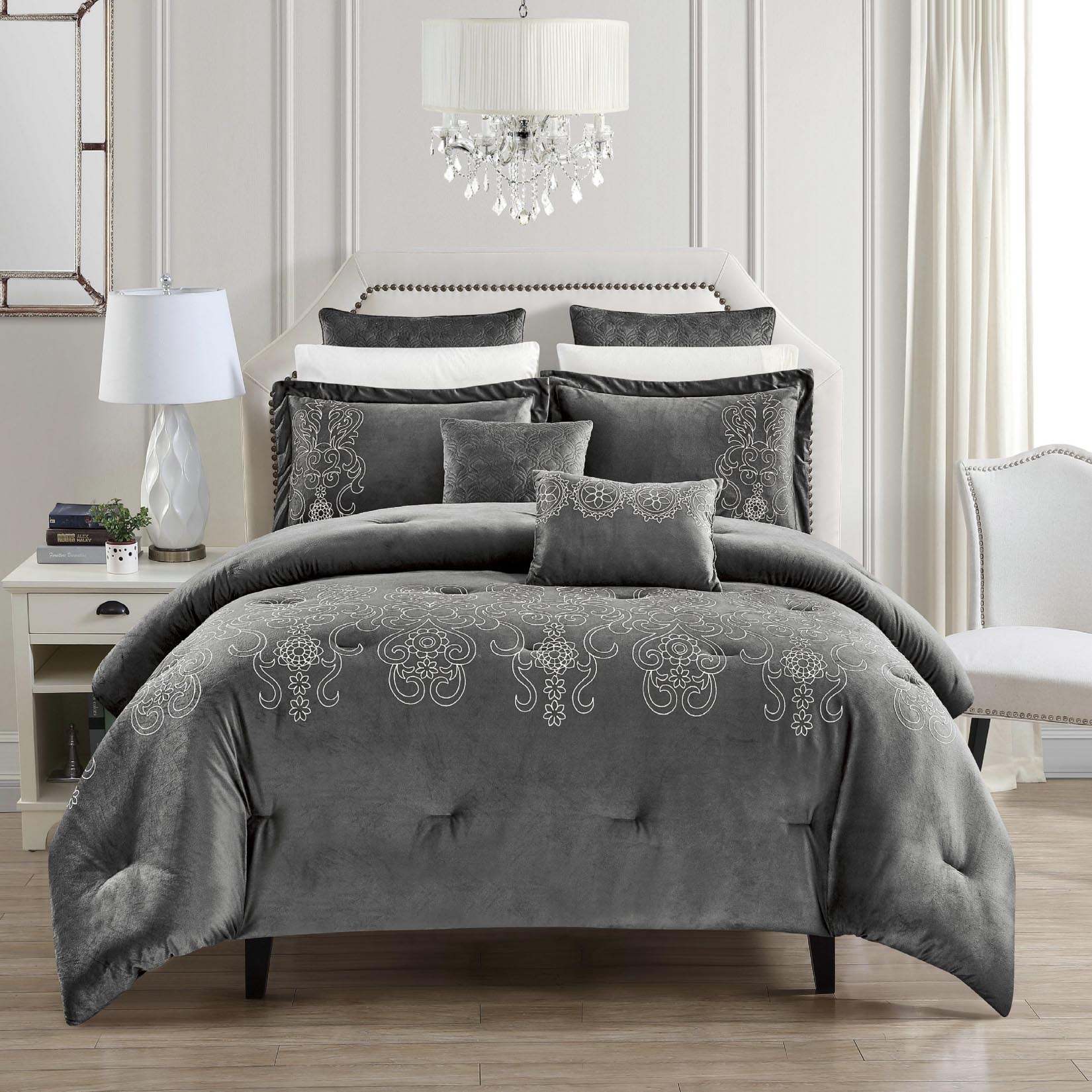 Jorry Luxury Embroidered Winter Comforter Set, Queen Size 150x200 cm, Grey Velvet, 4 Pieces