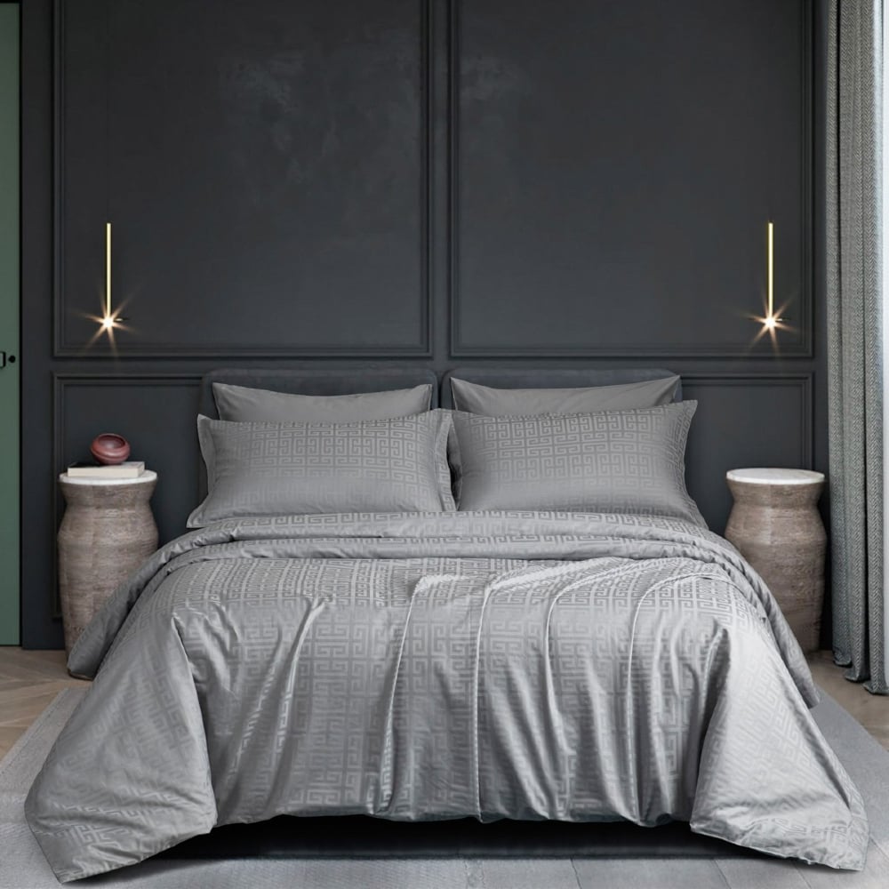 مفرش فندقي نمط هندسي يوناني مزدوج قطن رصاصي 500 غرزة عدد القطع 7