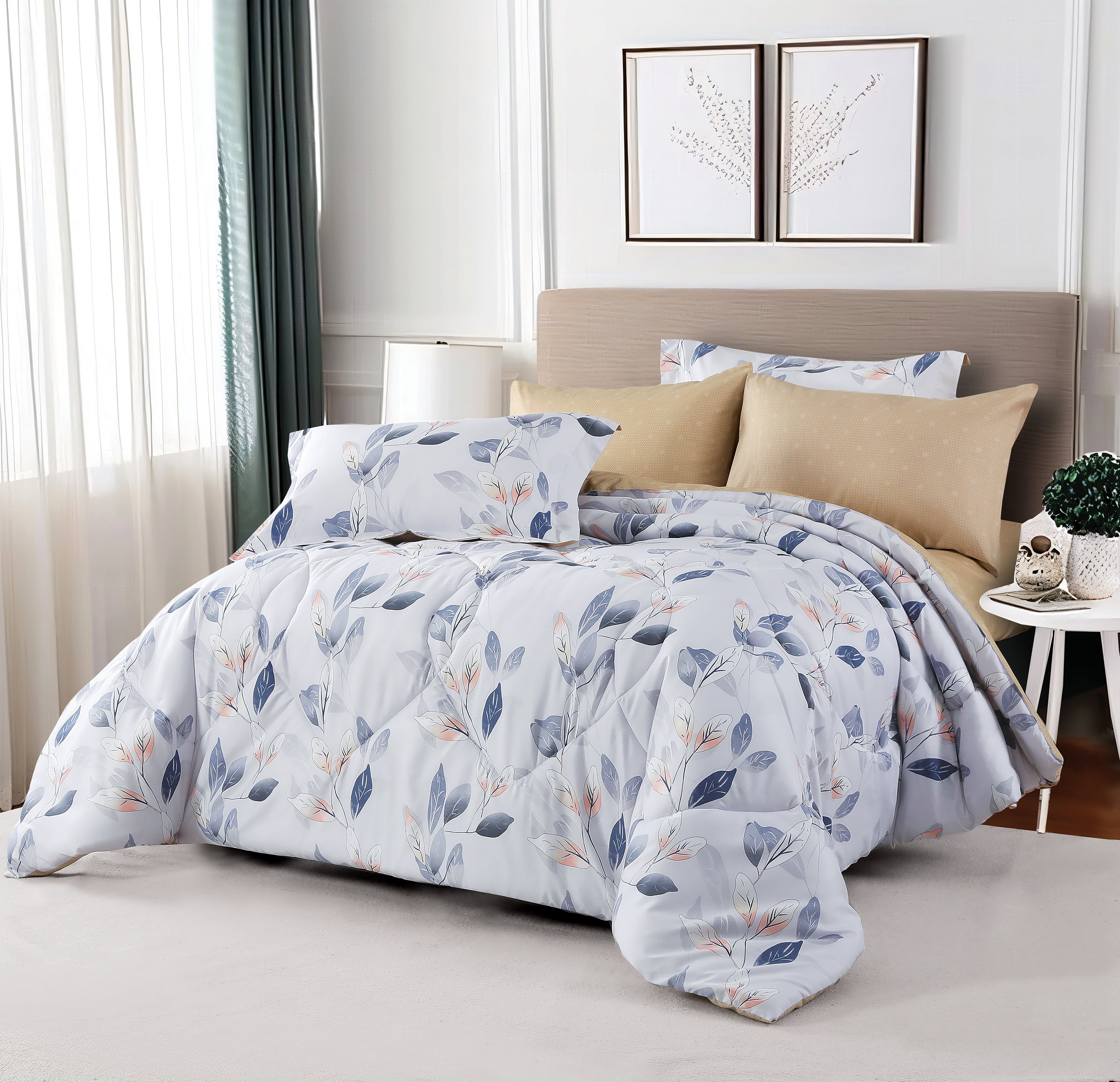 مفرش نوفا صيفي مفرد و نص بيج  سماوي برسومات الزهور عدد القطع 4