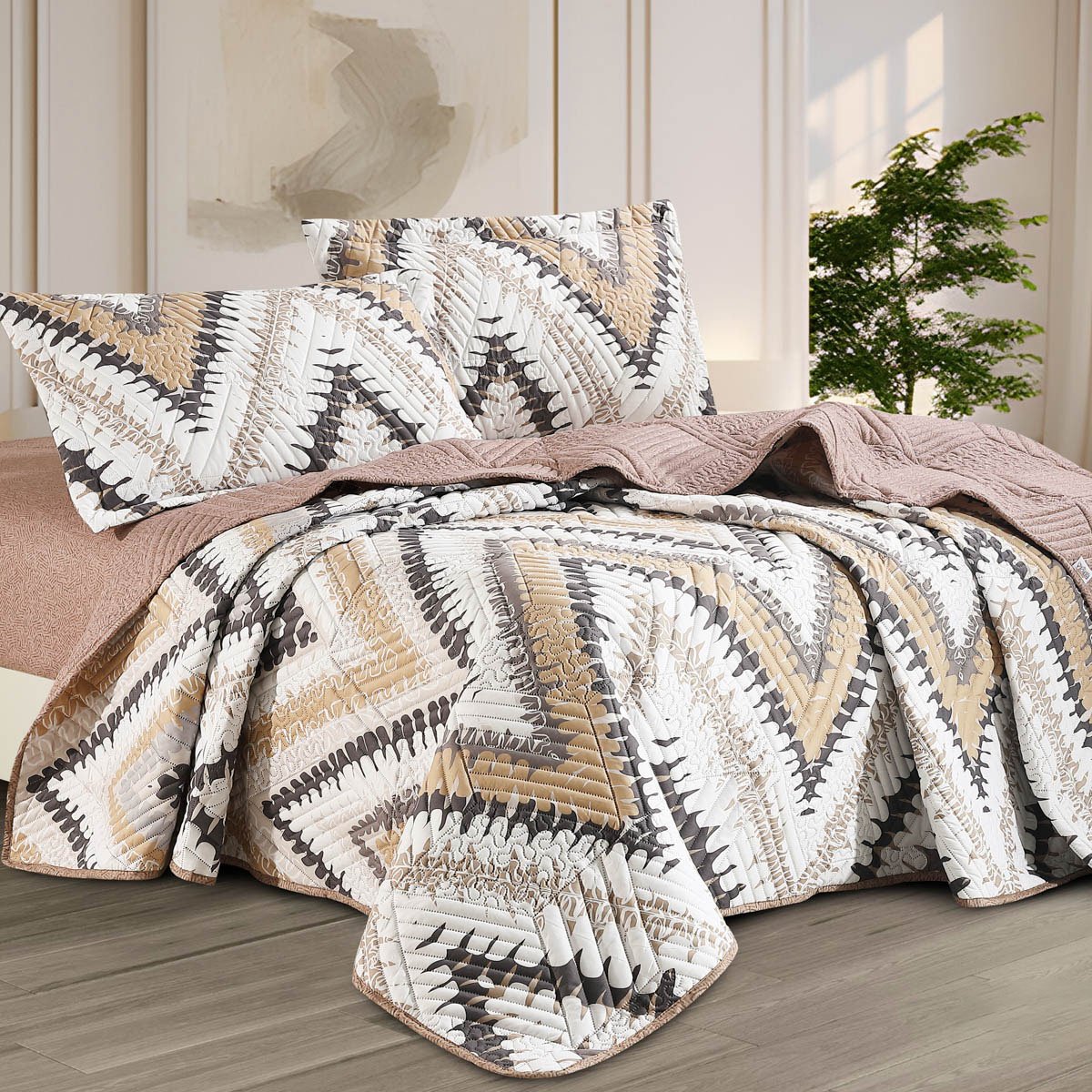 DIANA Lightweight Compressed Summer Comforter Queen Size 160x200 cm White & Beige 3 Pieces
