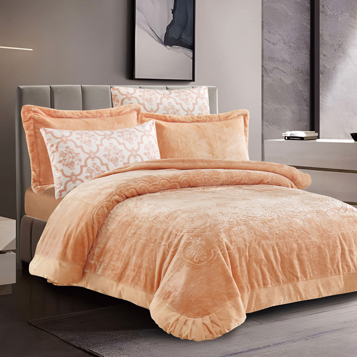 Voilet Velvet Winter Bedding Engraved Double Apricot 6Pcs