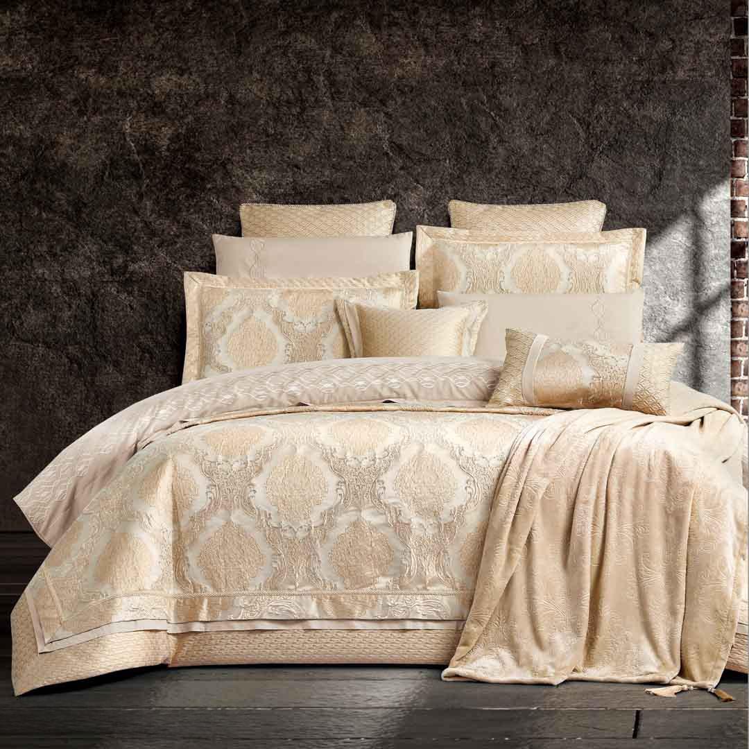 Namarq Summer Embroidered Jacquard Cotton Comforter Cover Set – Double, Beige & Gold, 12 Pieces