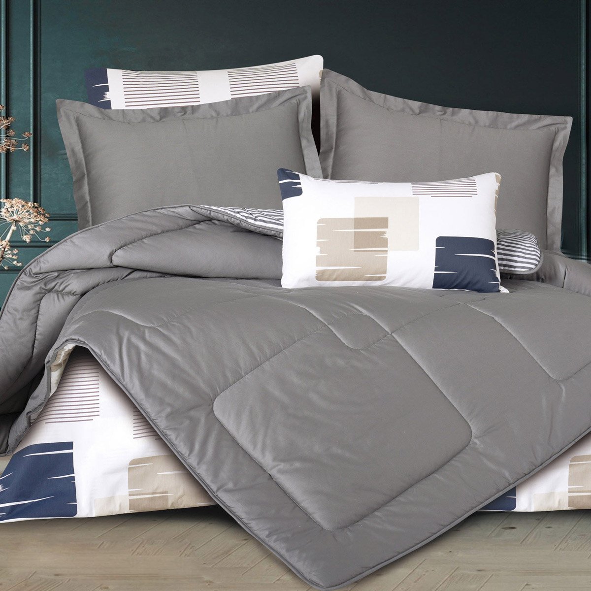 مفرش مونتريال صيفي مزدوج فاخر قطن مطرز رصاصي عدد القطع 6