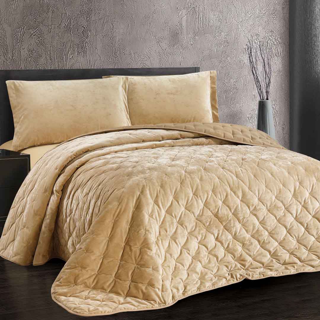 مفرش دايموند شتوي كوين مقاس230X200 سم فاخر مخمل بيج عدد القطع 3