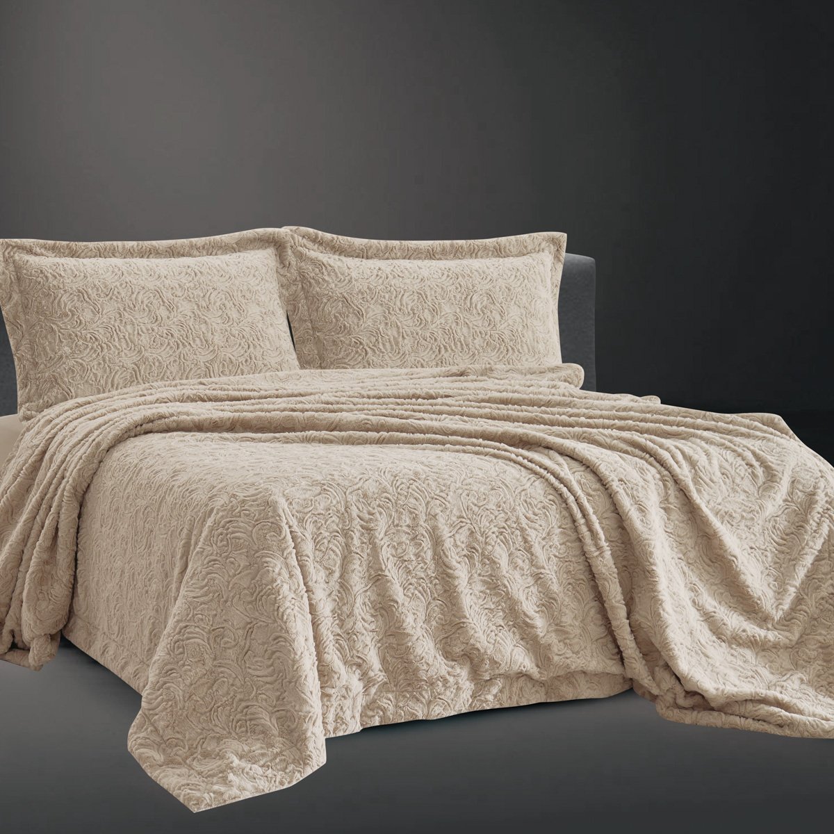 طقم بطانية شذى فرو مزدوج بيج غامق عدد القطع 4