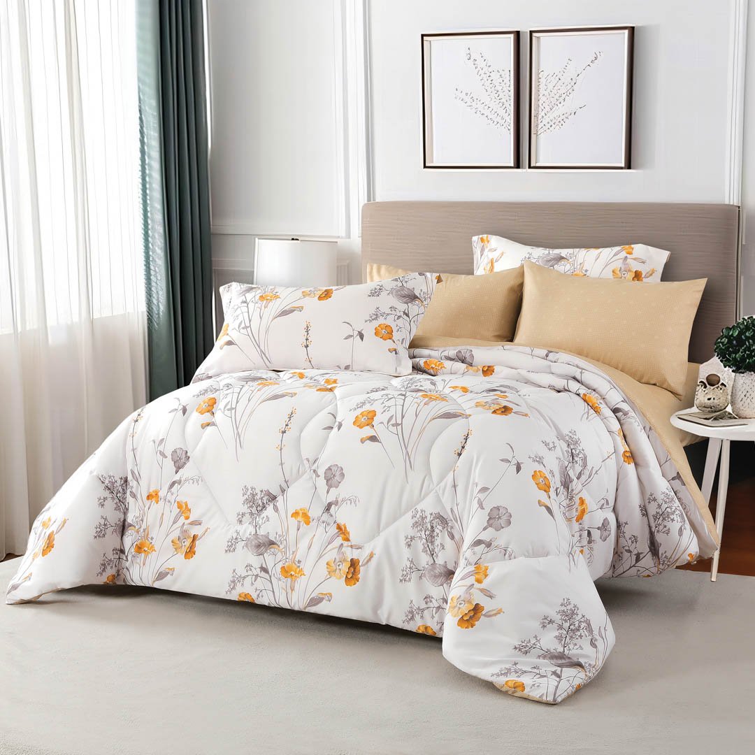Nova Summer Single and a Half Bedspread, White, Beige, with Floral Designs, 4 Pieces