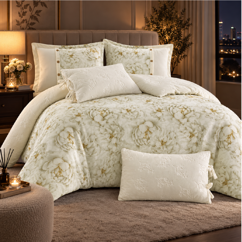Athena winter beige and olive comforter with floral patterns