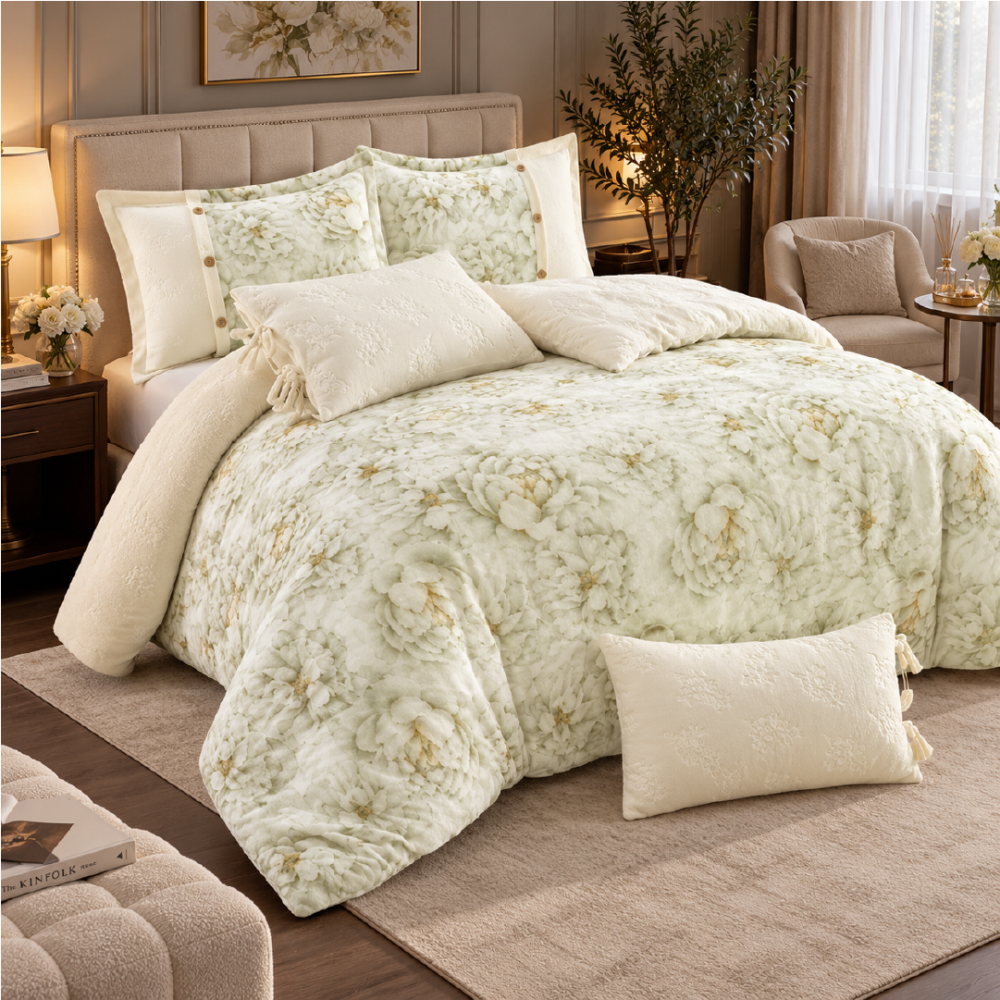 Athena winter beige and olive comforter with floral patterns