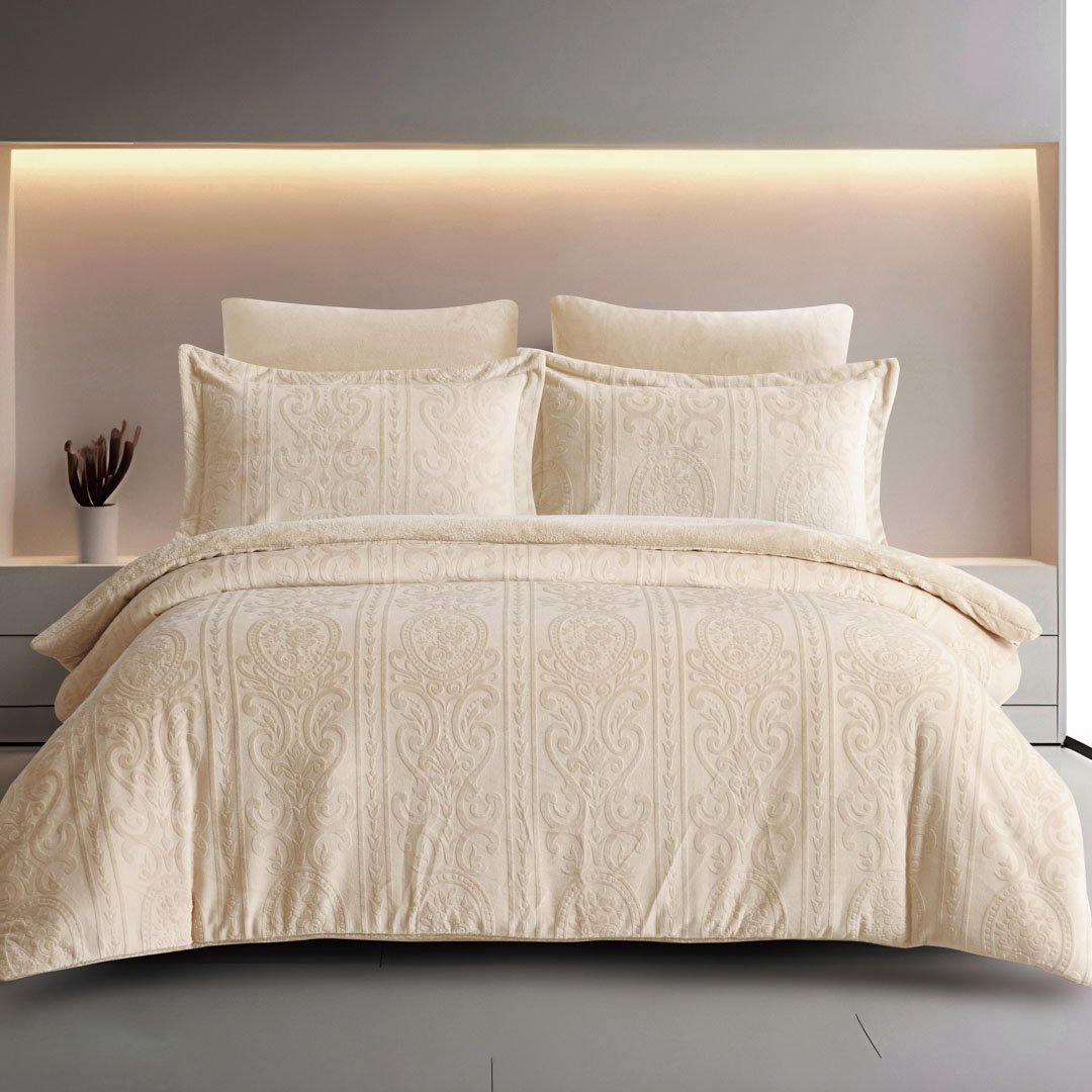 مفرش آنا شتوي فاخر كوين مقاس 200X150 سم مخمل محفور وفرو بيج عدد القطع 4