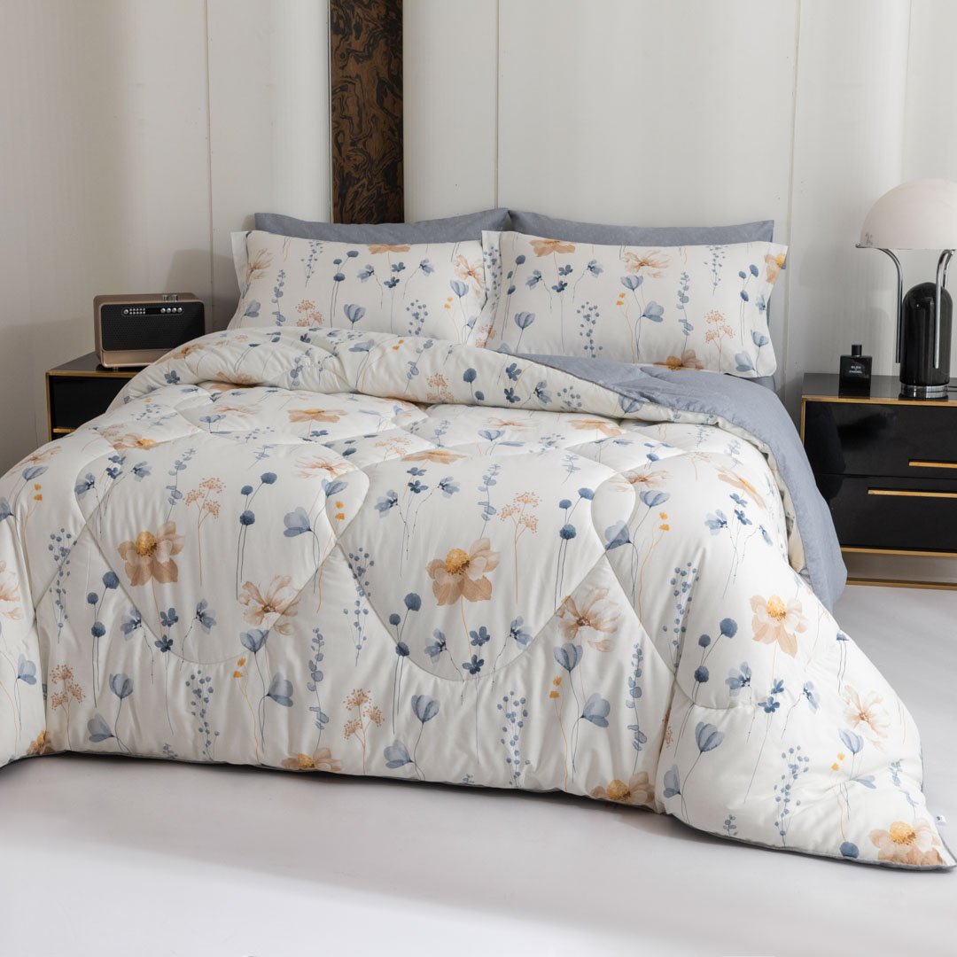 مفرش سمرلاند صيفي  مقاس كوين 150x200 سم برسومات الزهور أبيض و رصاصي عدد القطع 4