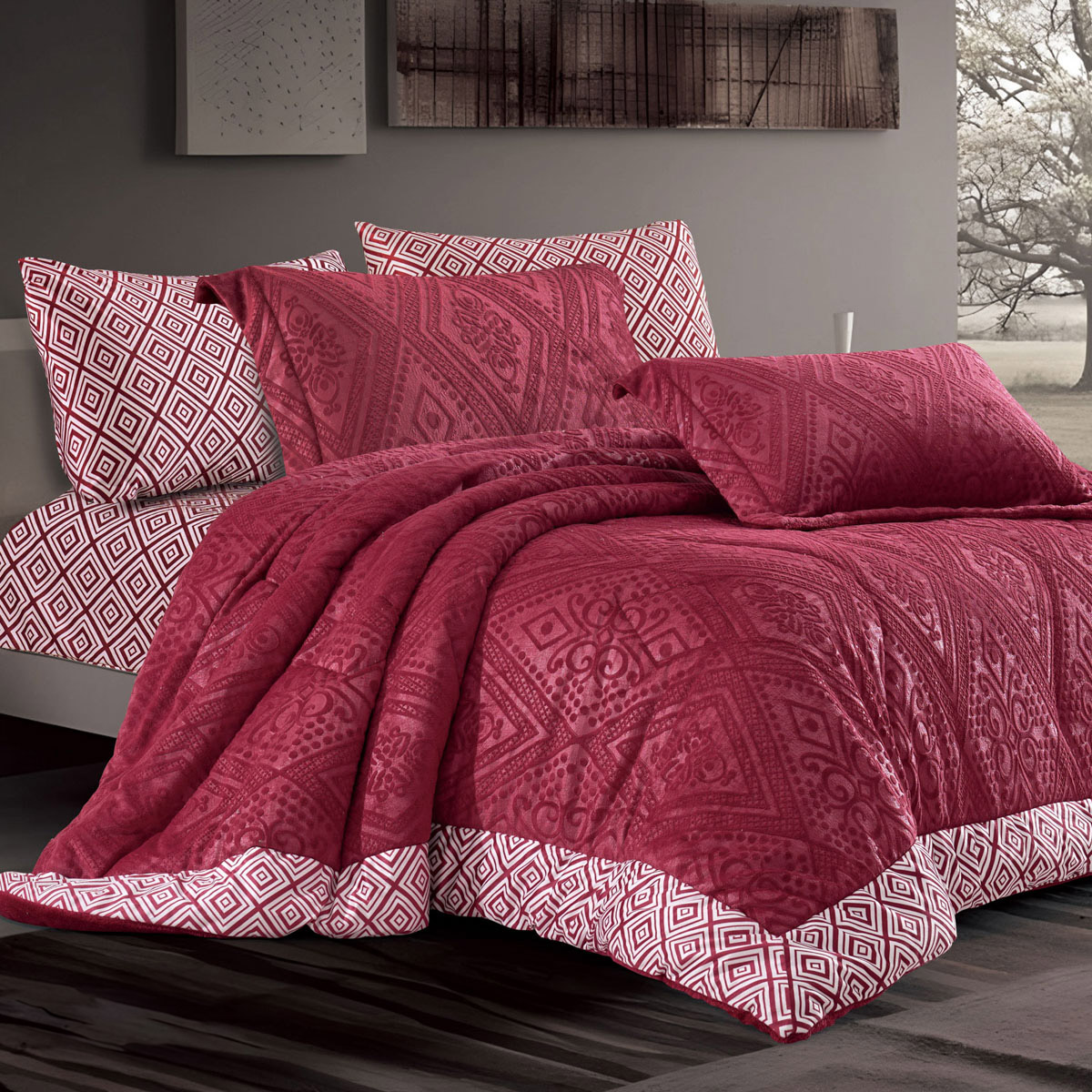 Vivian Velvet Fur Winter Bedding Double Burgundy 6Pcs